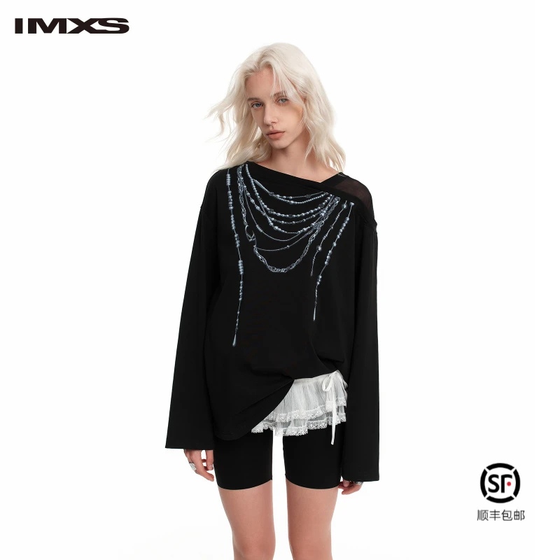 IMXS仿真项链斜肩T宽松打底t恤黑色打底衫长袖休闲小众百搭上衣X