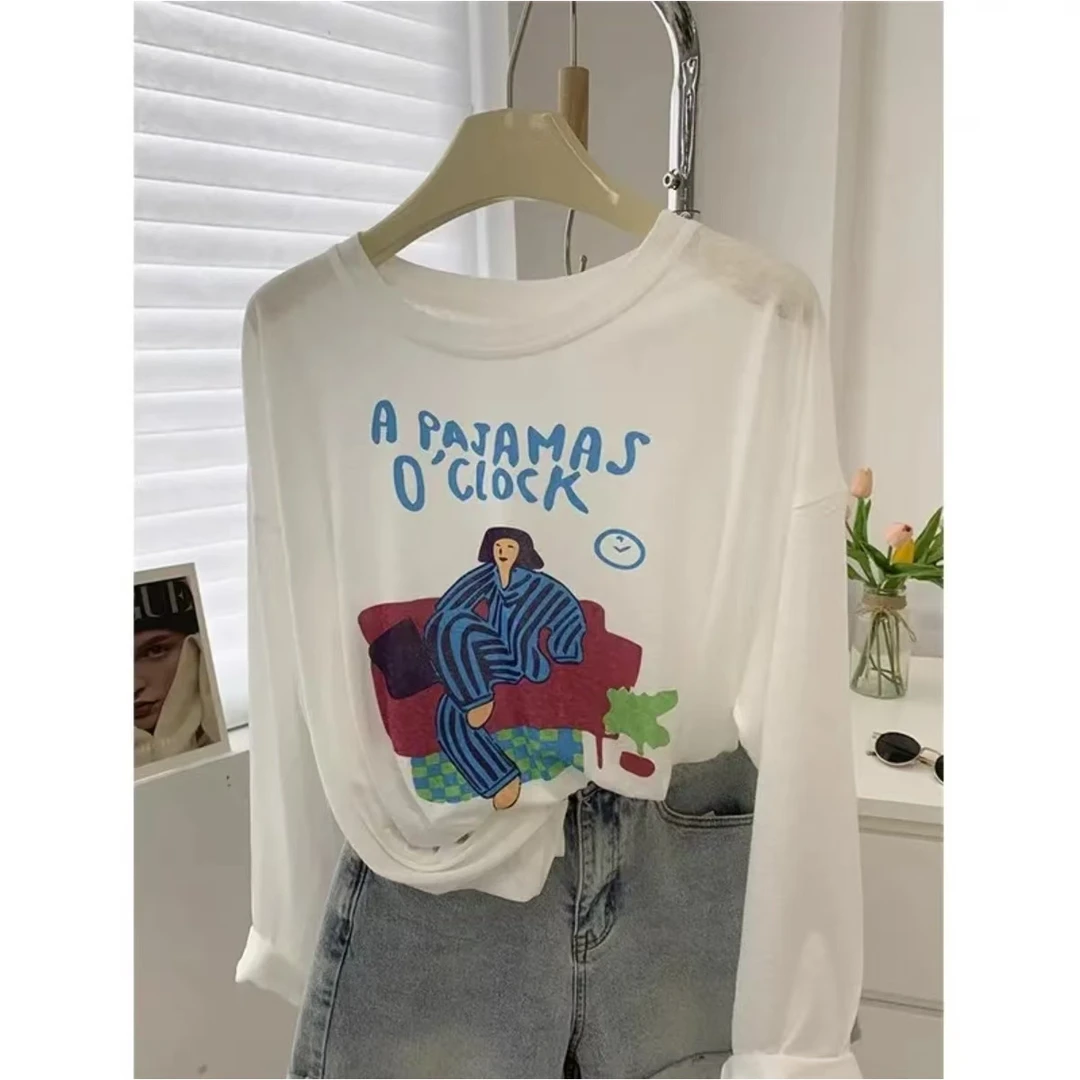 防晒圆领T恤长袖显瘦夏季韩版宽松时尚印花中长款休闲风卡通