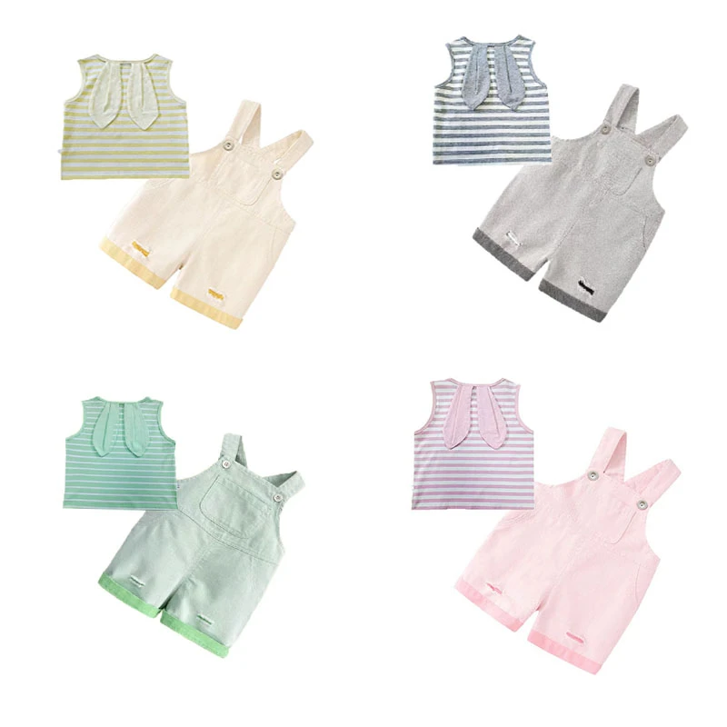 宝宝背心夏季薄款男童夏装外穿无袖t恤婴儿上衣女童条纹兔耳朵