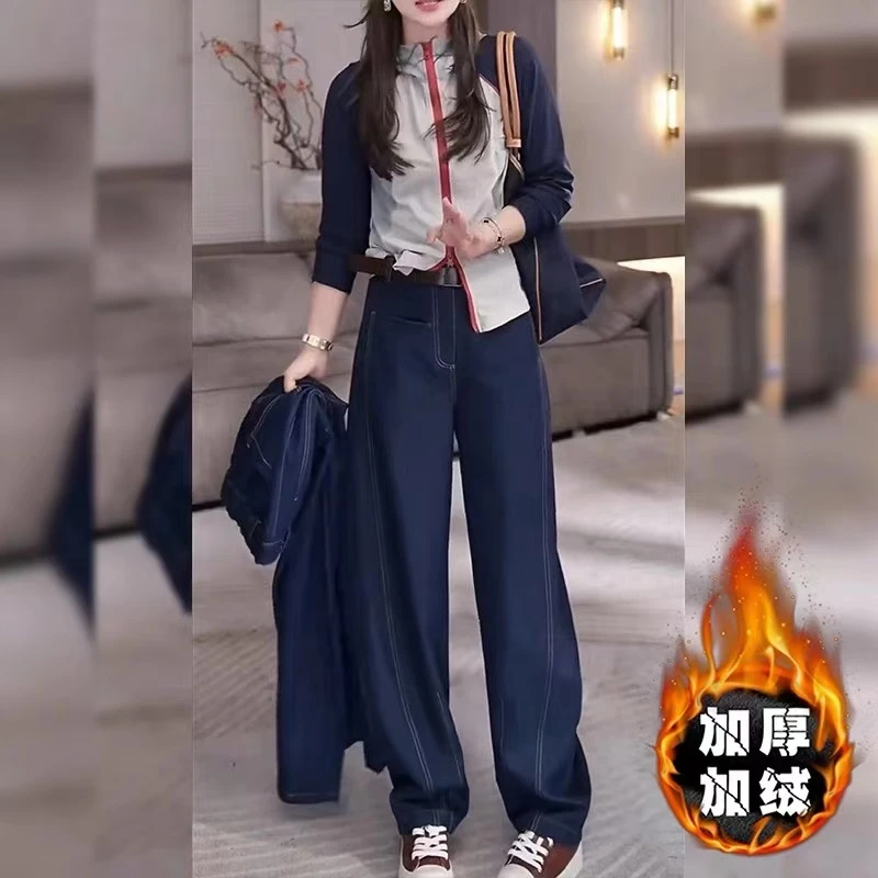 3366-【不掉色加绒加厚款】高腰宽松深蓝防掉色明线弯刀裤直筒裤