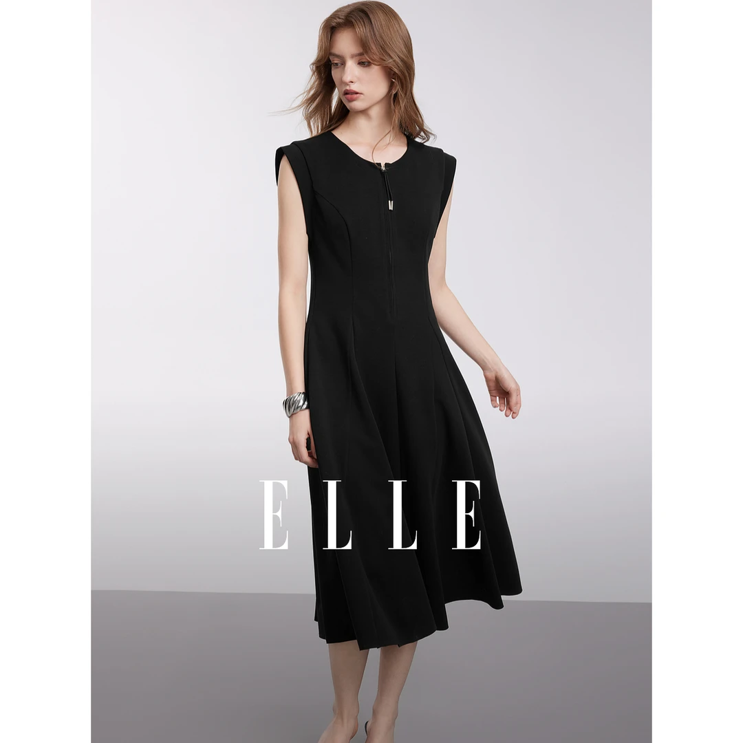ELLE法式圆领收腰连衣裙女2025夏季新款气质显瘦EL50972