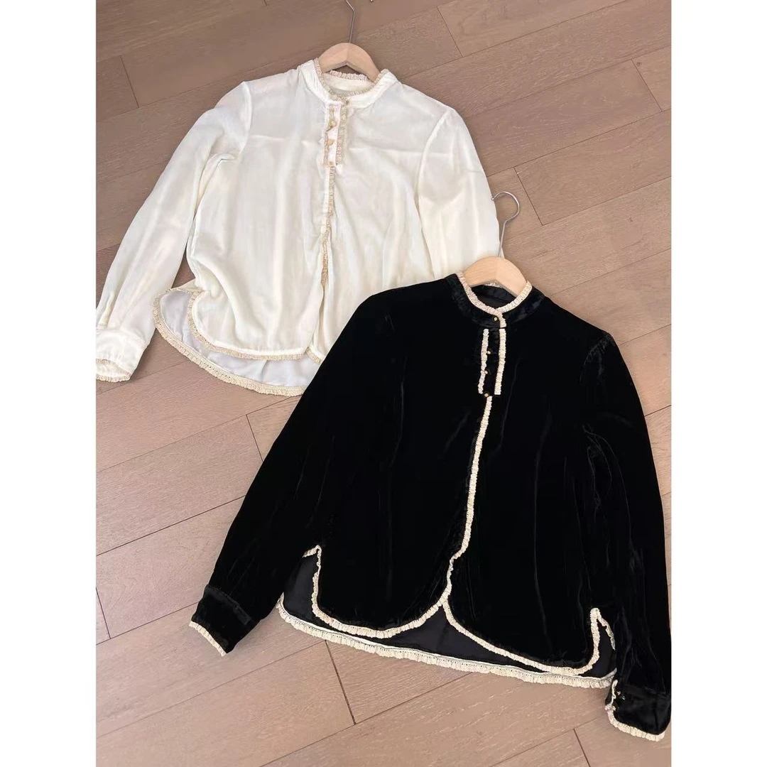 2025早春撞色花边立领百搭气质丝绒衬衫2501C43