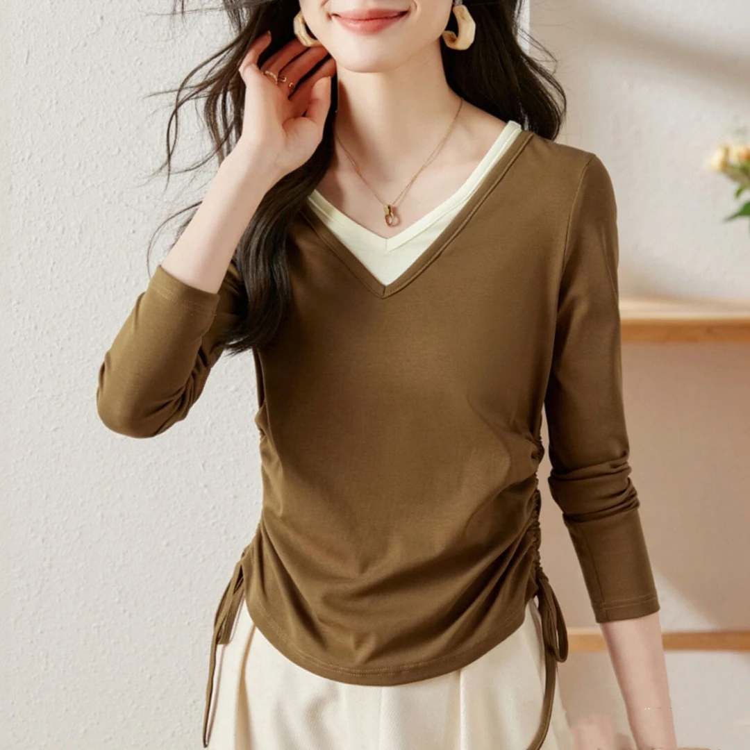 v领长袖t恤衫女士打底衫2025新款洋气显瘦抽绳设计假两件春秋上衣