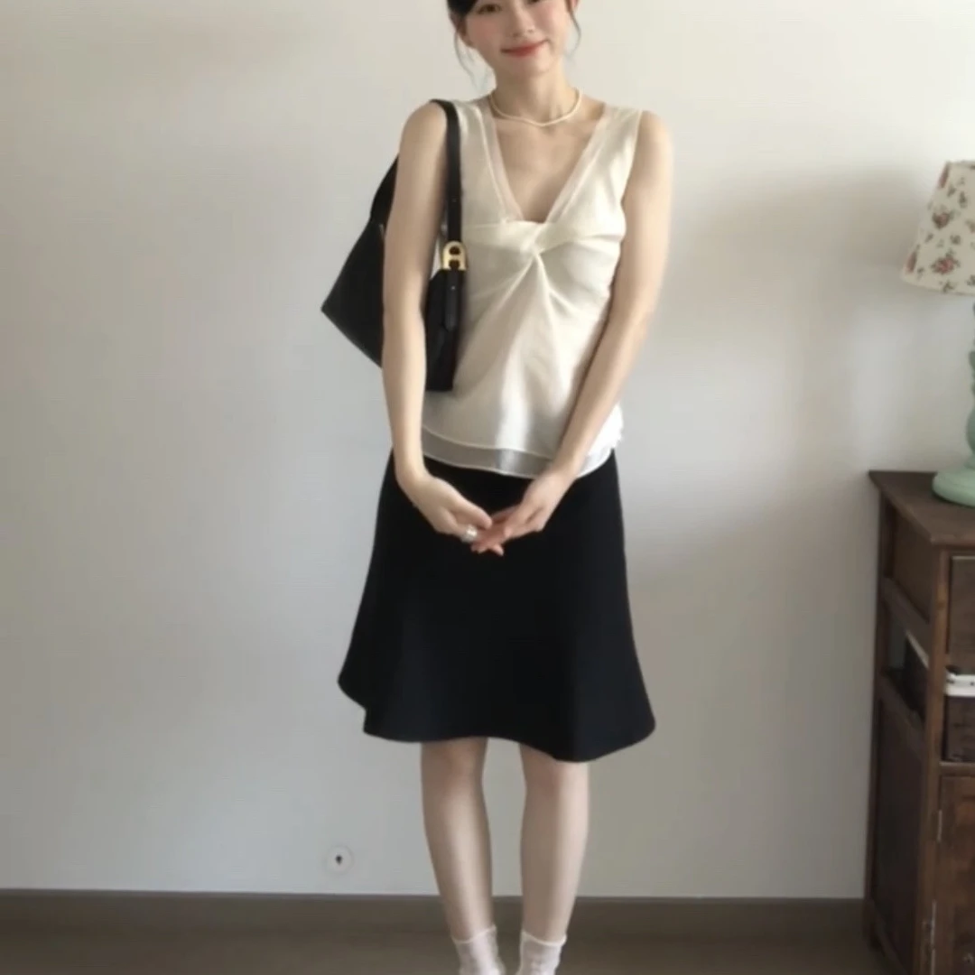 【芭雅莲】法式独特超好看领扭结网纱背心吊带上衣女夏季+高腰半