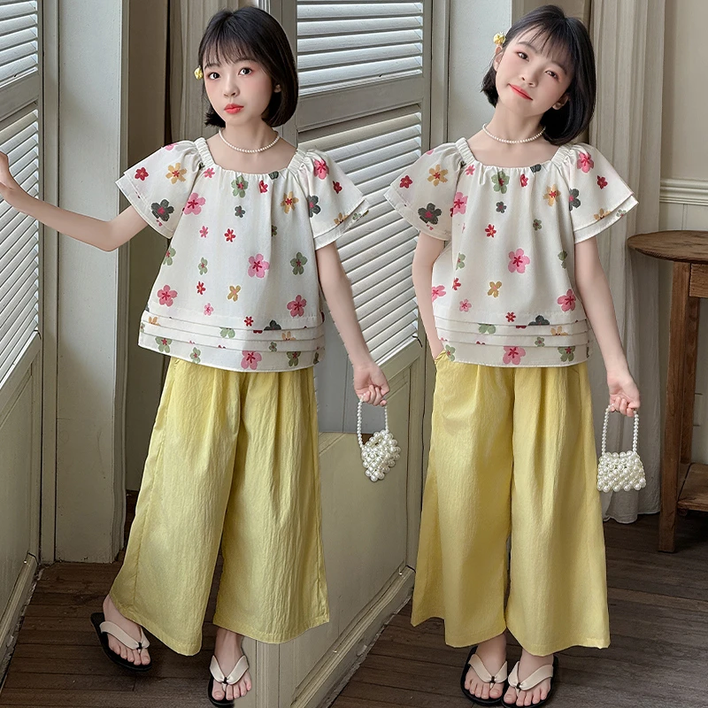 女童夏季碎花短袖上衣2025新款小女孩直筒阔腿裤时尚洋气两件套