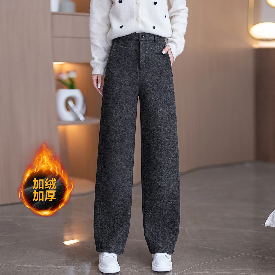 拉夏贝尔加绒羊毛呢阔腿裤女2025秋冬新款舒适加厚保暖宽松休闲裤