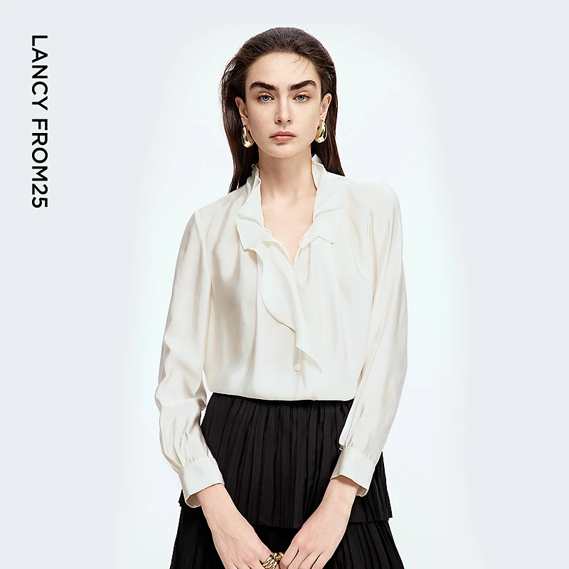 朗姿v领荷叶边衬衫气质通勤高级感法式百搭上衣2025年秋季新款女