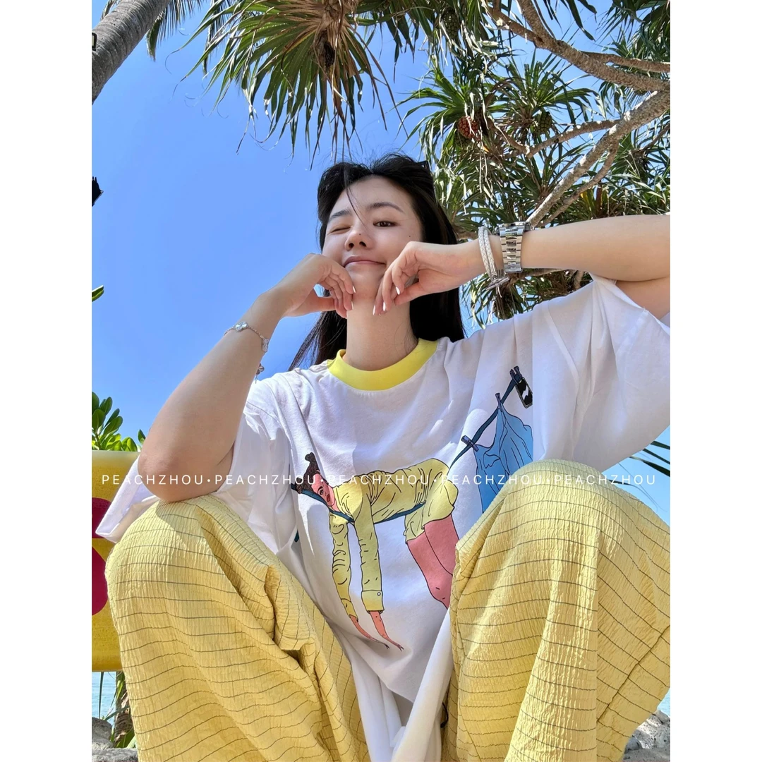 『PEACHZHOU』25度假系列 新疆棉躺平女士印花宽松圆领短袖慵懒T恤