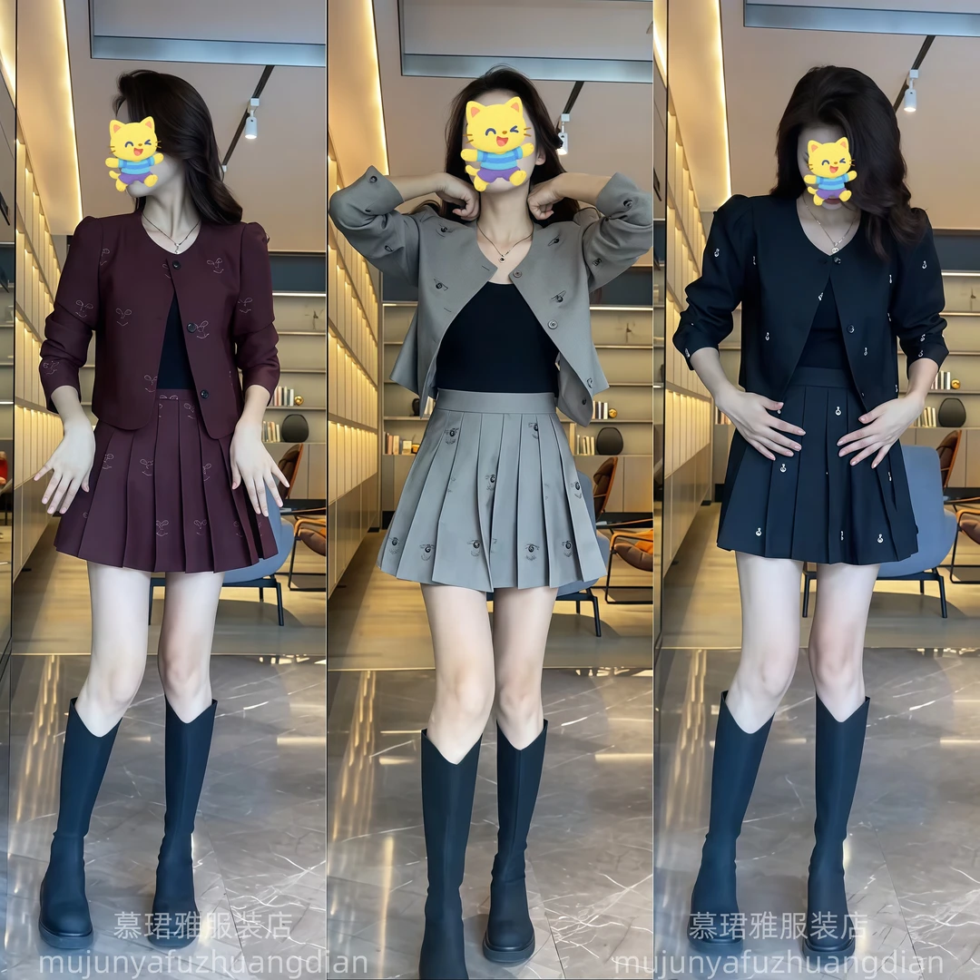 2024秋季新款时尚印花两件套女百搭显瘦外套减龄百褶裙高级感套装