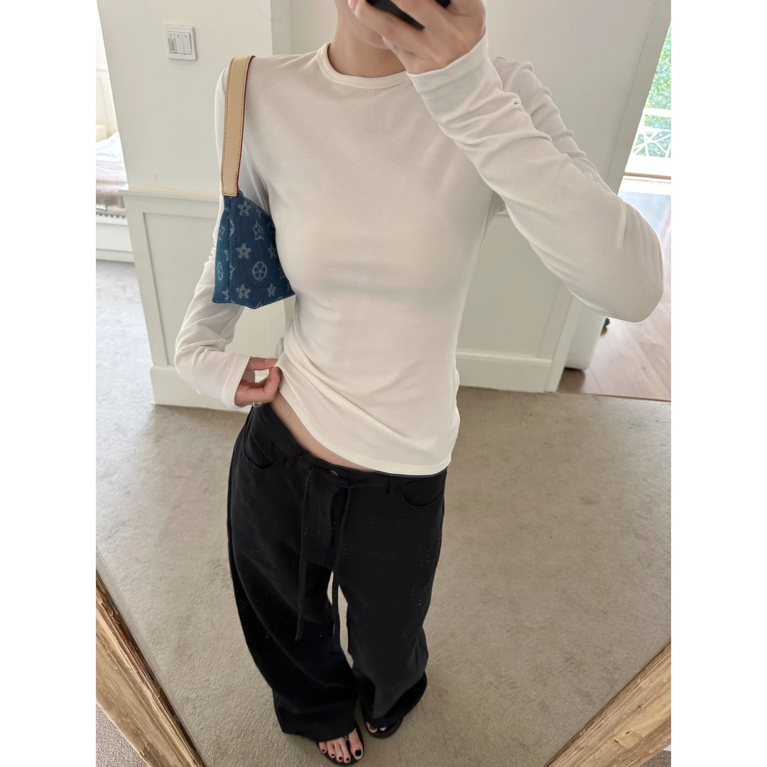 超牛版型直角肩/小蛮腰修身结构打底tee 长袖上衣女早春白色t恤女