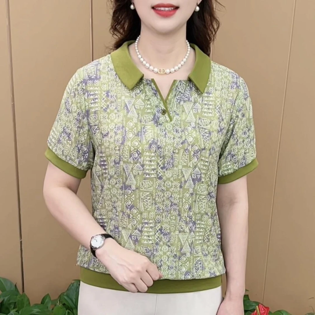 夏季新款宽松女士短袖T恤气质大码妈妈装透气显瘦气质百搭印花T恤