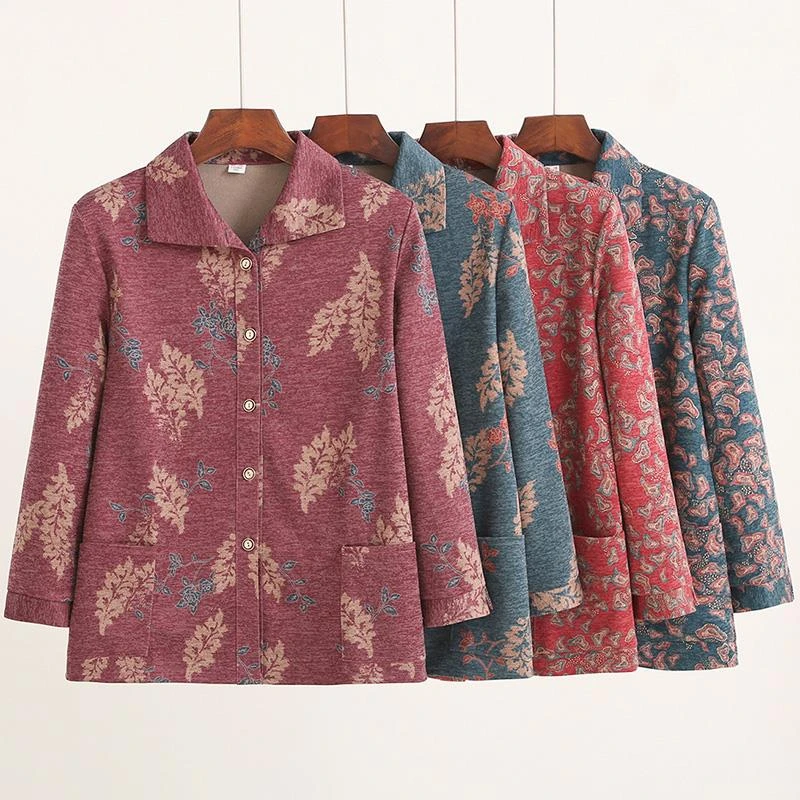 妈妈秋装套装中老年女装薄款上衣奶奶春秋外套老人休闲长袖衬衫