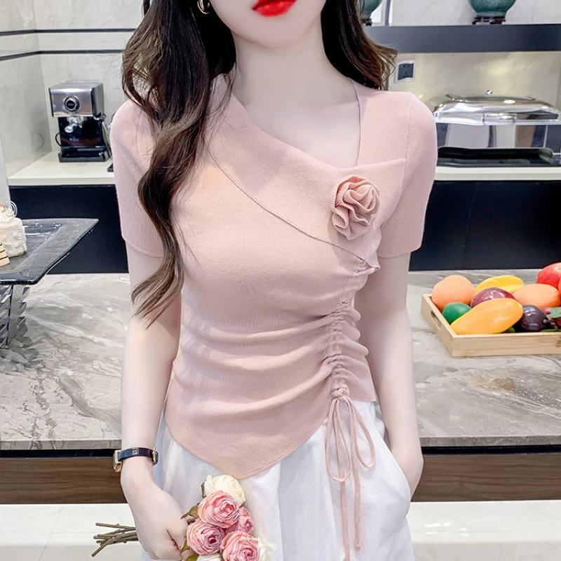 韩系短袖恤女2025新款夏季洋气独特别致抽绳短款不规则外穿上衣