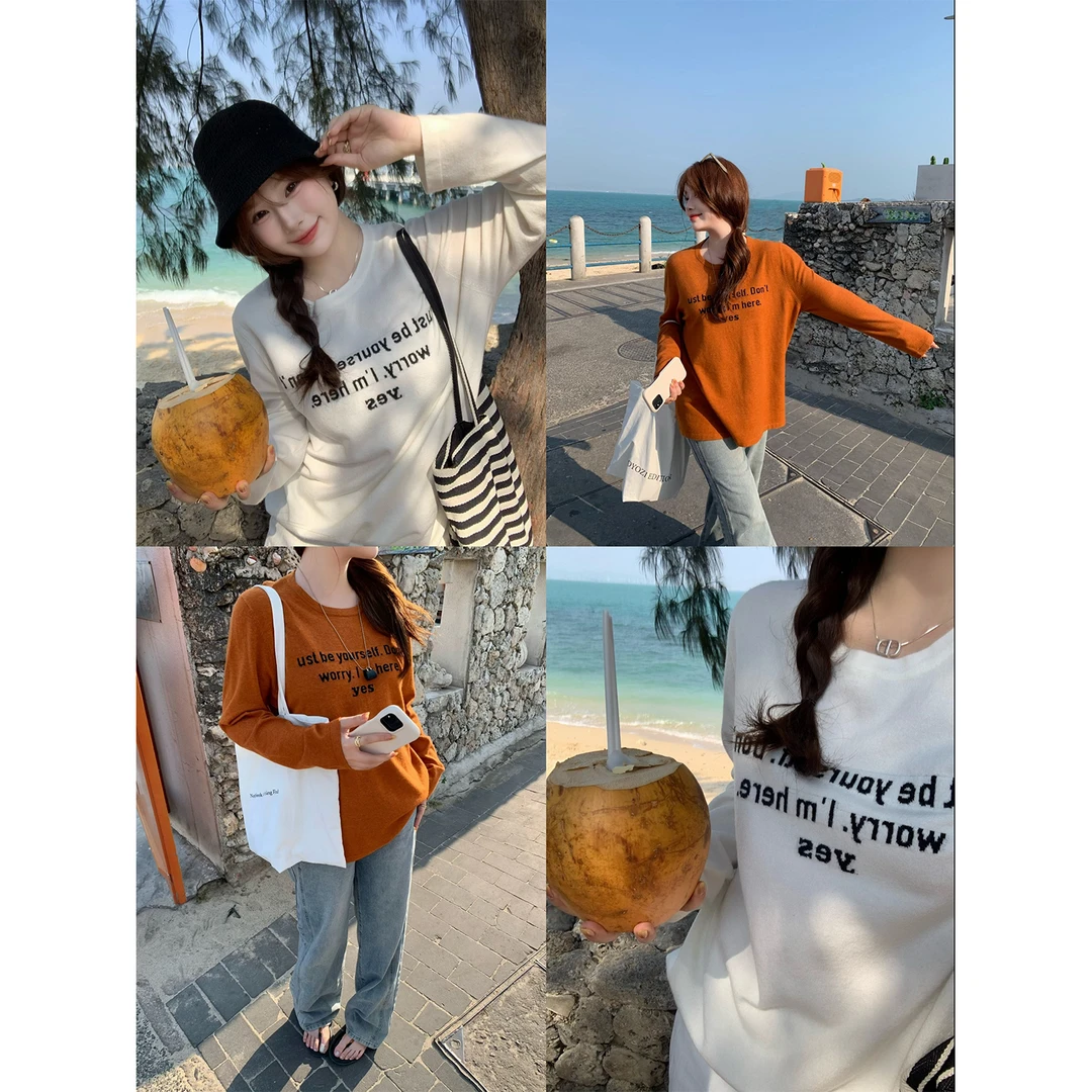 现货6554D大婉酱微胖定制字母刺绣圆领毛衣女春季韩版松弛感上衣