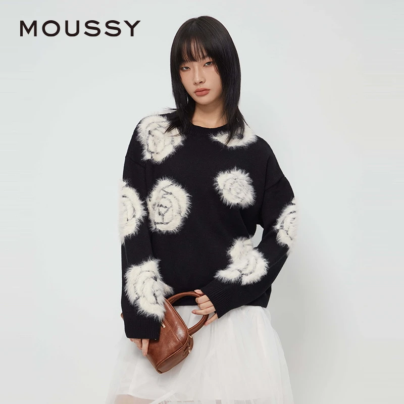 MOUSSY 2025早秋新品休闲灵落提花撞色宽松毛针织衫028IAZ70-1018
