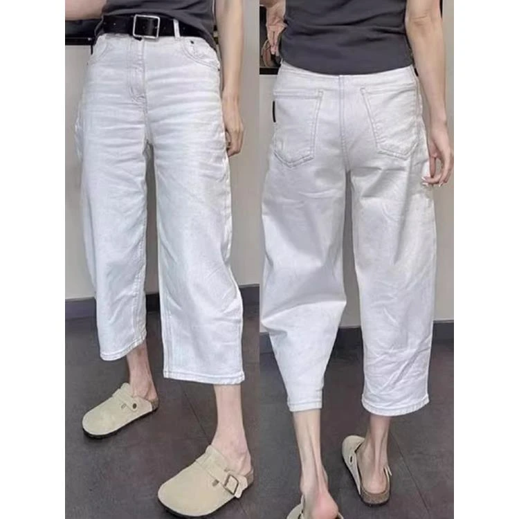 夏季薄款弹力八分牛仔裤女大码胖mm高腰宽松显瘦直筒显瘦老爹裤子
