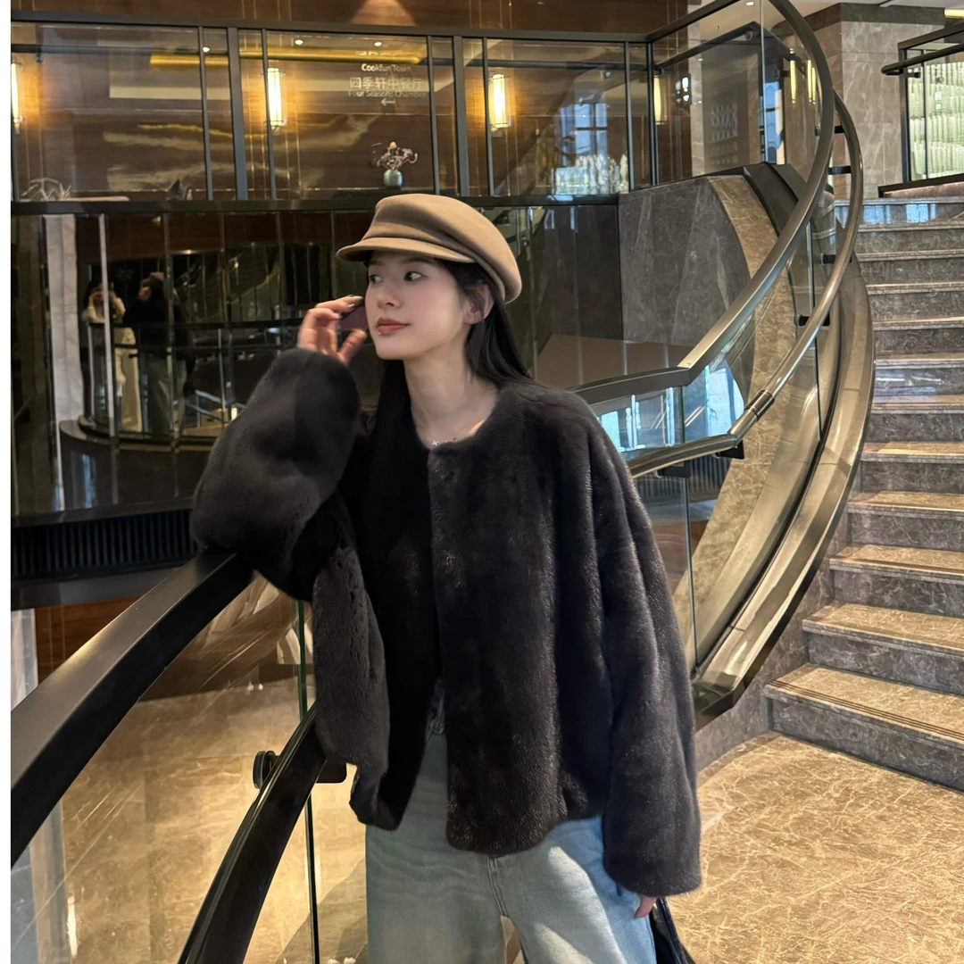 【ENJIU】鎏灰季节 新款圆领水貂秋冬季女天鹅绒貂皮一套貂毛皮草