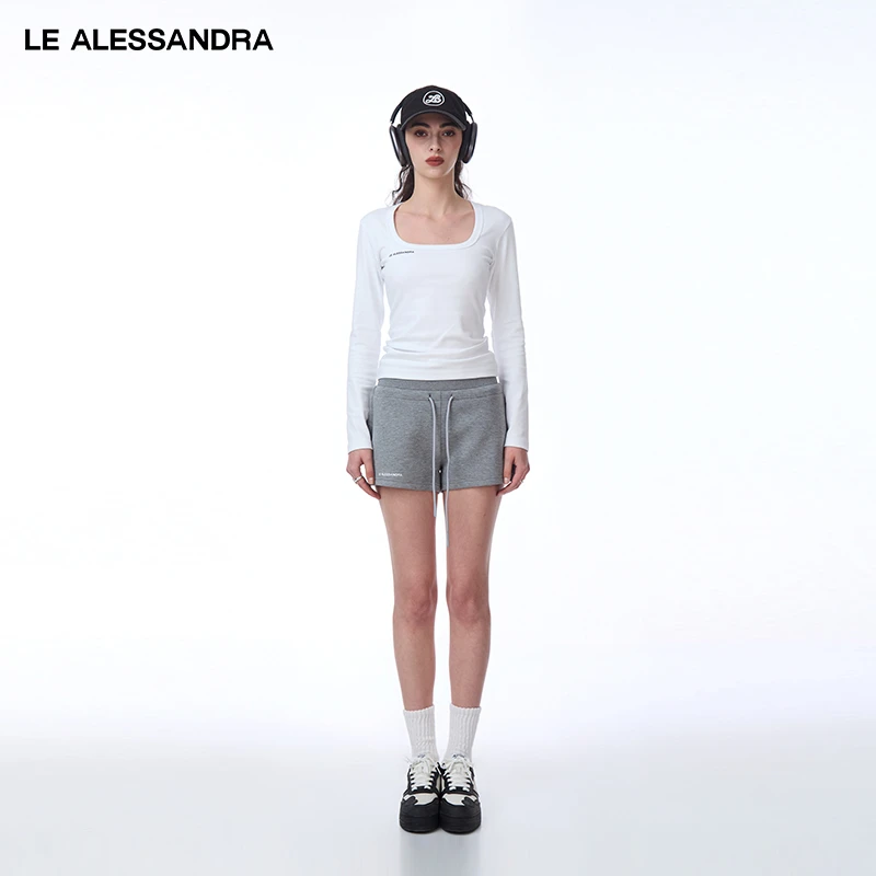 品牌直营 LE ALESSANDRA  高智淡人方领褶皱LOGO长袖T恤棉质上衣