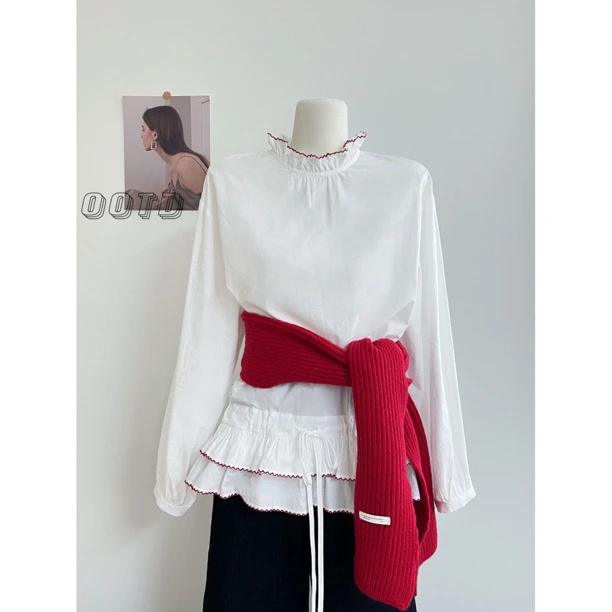 BHH-2179【白雪使者】东大门韩国原单韩版撞色花边裙摆立领长袖衬衫