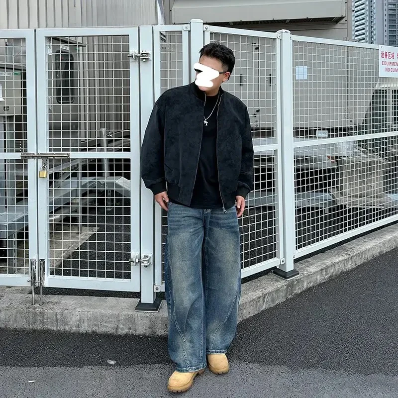 【时尚先生】复古立领秋季胖男生宽松休闲皮衣夹克