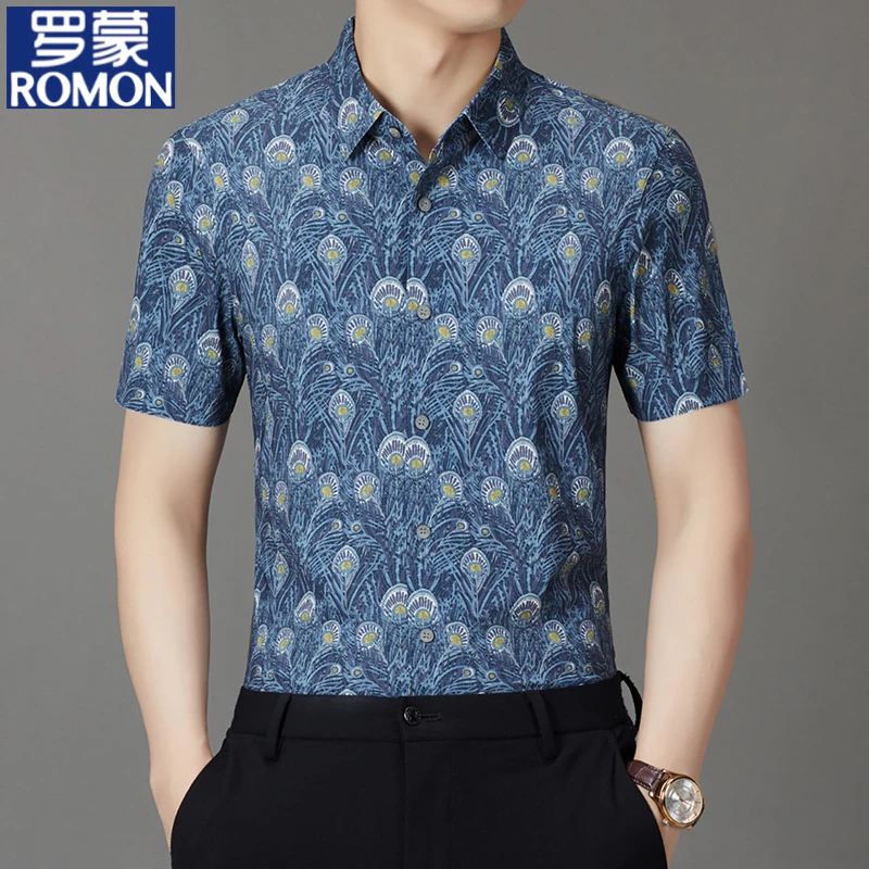 罗蒙夏季新款复古孔雀羽短袖衬衫潮流印花半袖上衣时尚休闲衬衣男