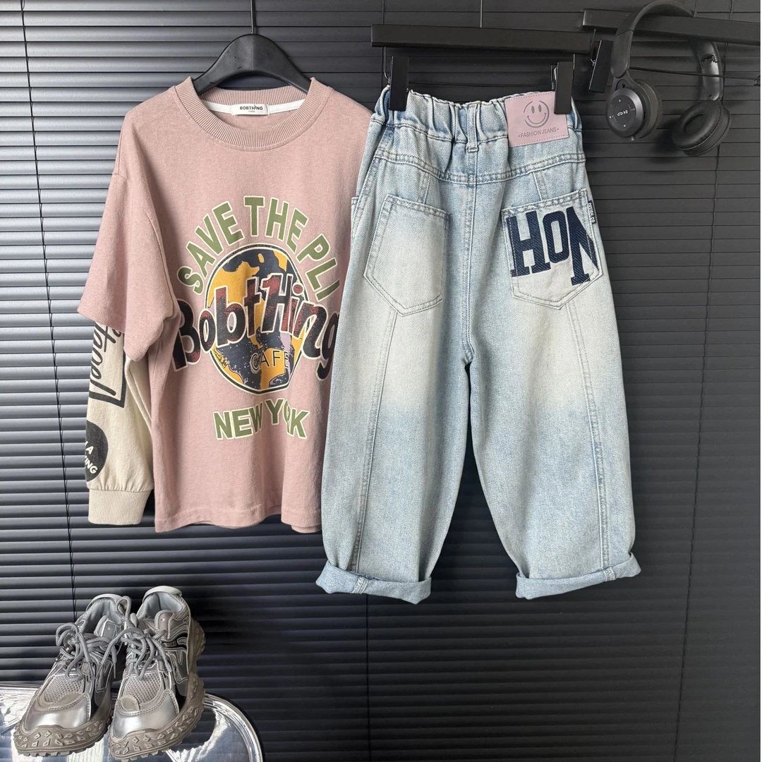 2025早春中大男童时尚休闲牛仔裤子儿童帅气弯刀裤春秋款新款长裤