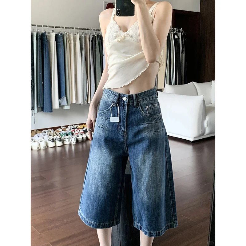 美式复古深蓝色七分牛仔短裤女夏季新款高腰宽松休闲阔腿直筒中裤