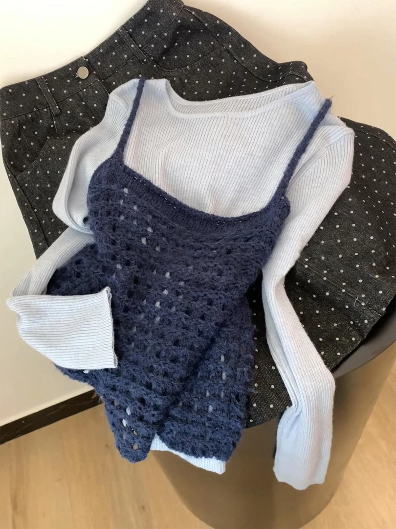 韩系镂空气质百搭针织吊带两件套女秋季新款叠穿设计感休闲上衣潮