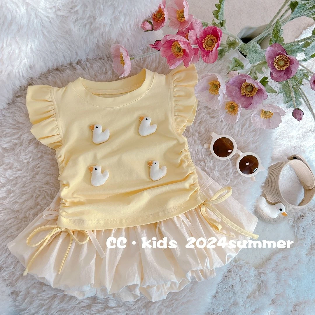 女童夏季新款套装2025宝宝可爱飞袖小鸭子上衣儿童花苞两件套薄款