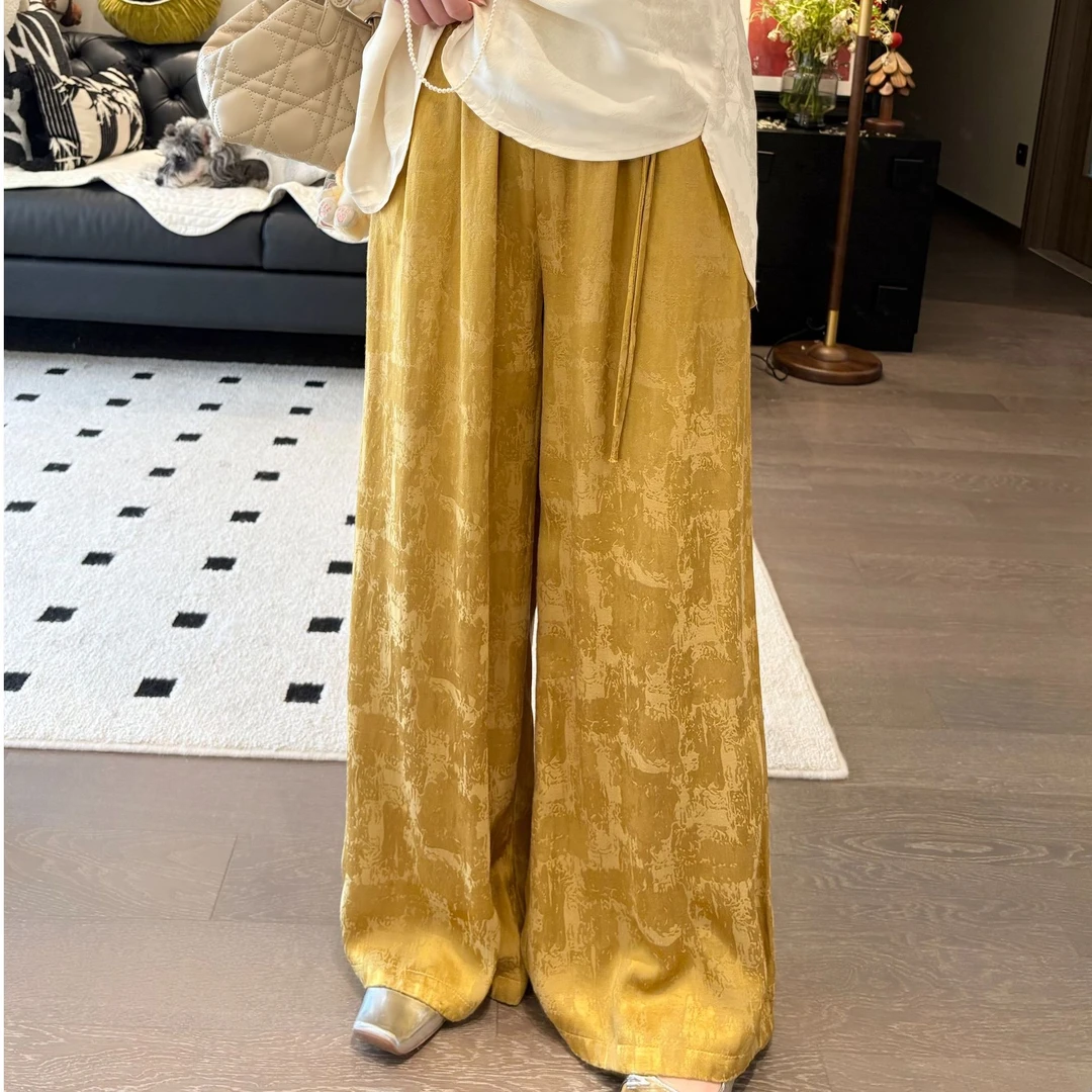 Art li 春季新中式提花缎面高腰阔腿裤女宽松垂感拖地长裤2113-3