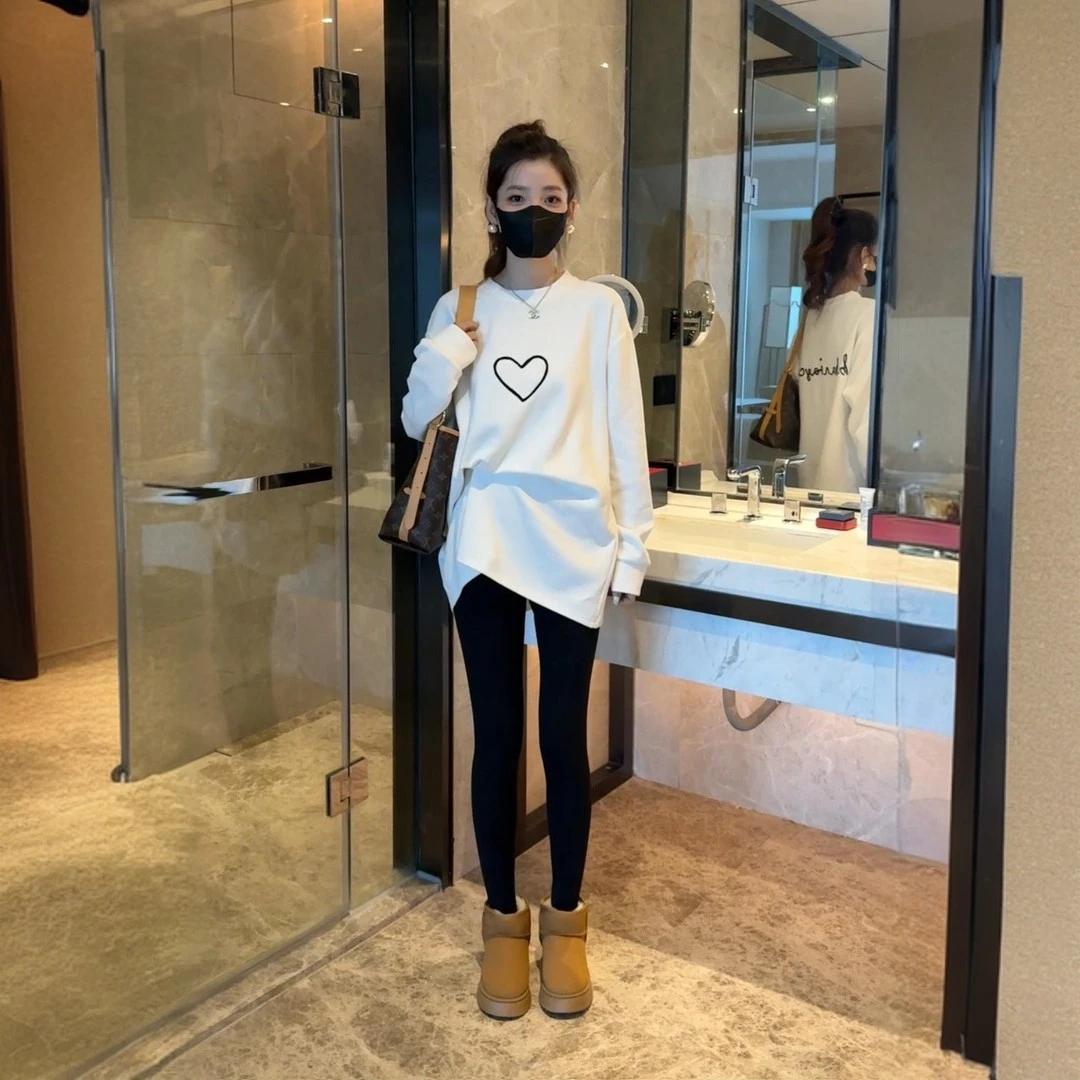 秋冬银狐绒重磅刺绣爱心圆领加绒长袖休闲中长款T恤百搭时尚上衣