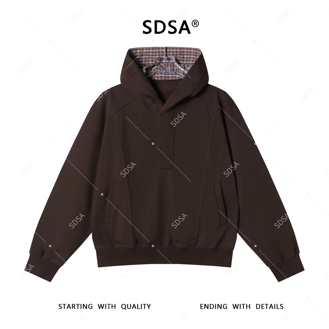 SDSA秋季新款男士痞帅美式复古压线按扣设计连帽卫衣百搭时尚上衣