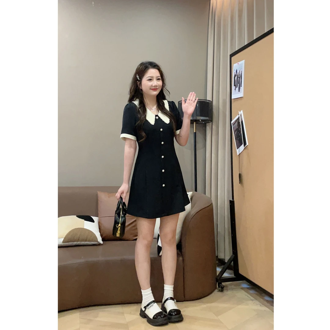 【清清价】时尚撞色娃娃领收腰A字连衣裙夏微胖显瘦P225Q07855