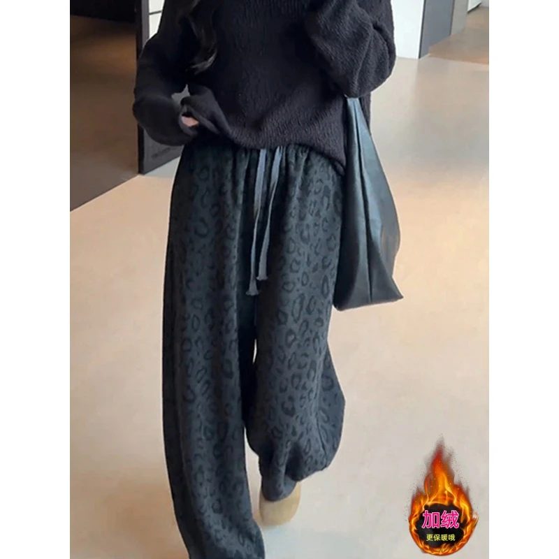 灰色豹纹休闲裤女款秋冬加绒加厚高腰显瘦大码流行网红阔腿裤子