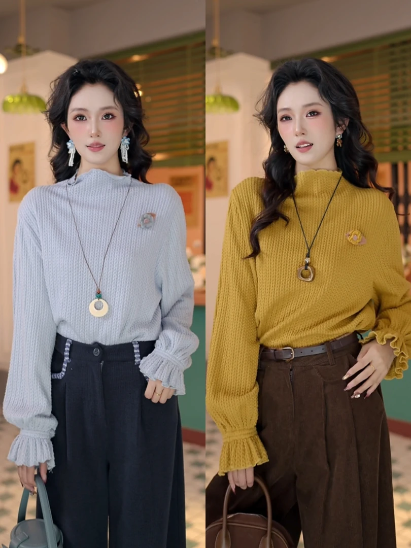 柚子 [台州小芒]港风复古纯色长袖针织衫宽松上衣DV2026152