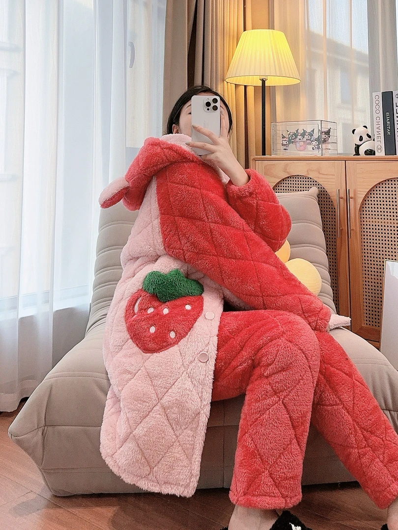 【清仓草莓】冬季三层夹棉加绒加厚套装保暖家居服珊瑚绒可外穿