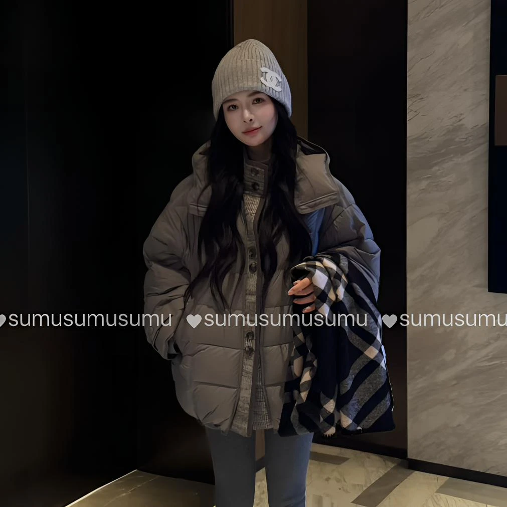 宿慕SUMU连帽针织拼接羽绒服女装2025新款冬季假两件羽绒外套9070