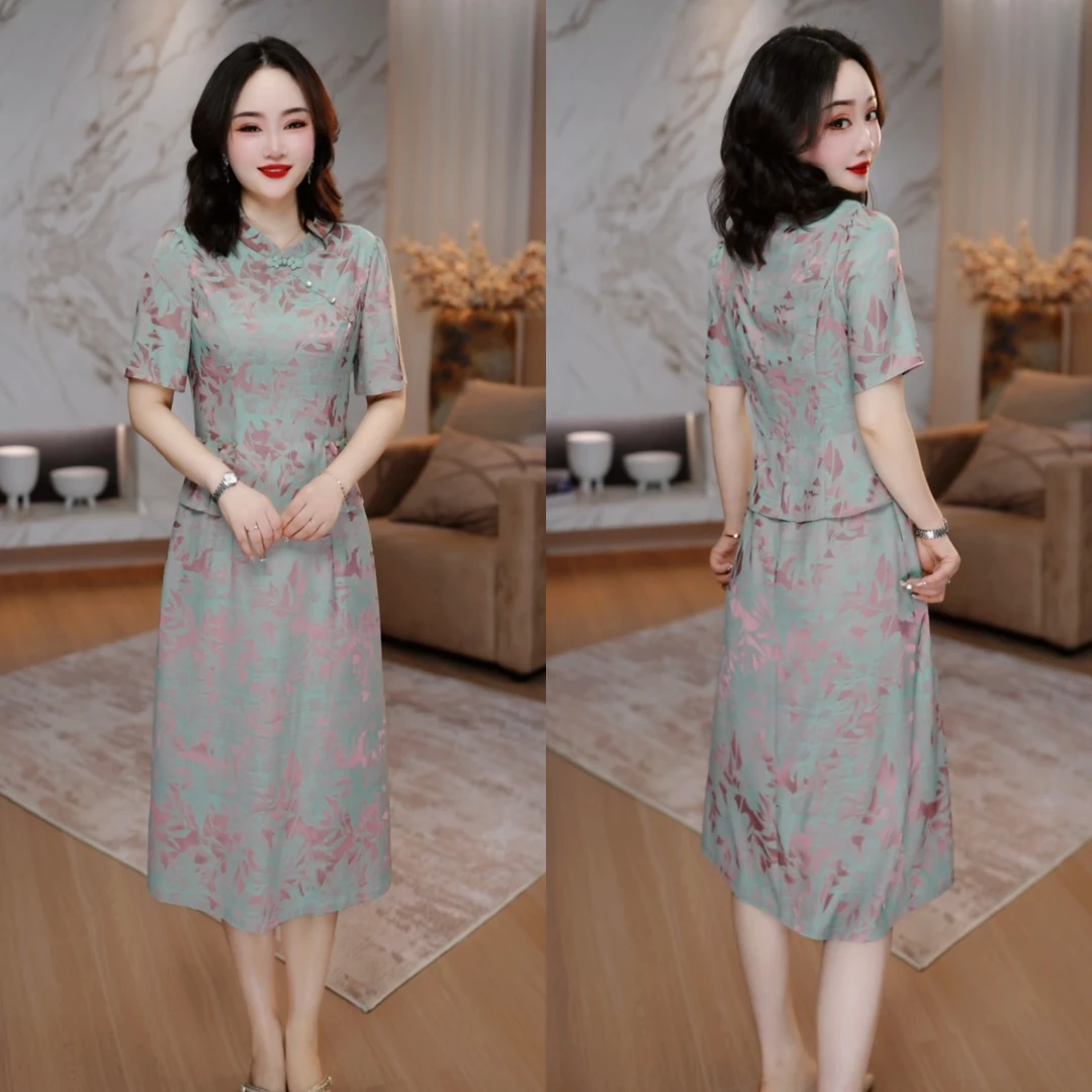 2025夏季新中式时尚女人味减龄显瘦气质中长款假两件连衣裙M-5XL
