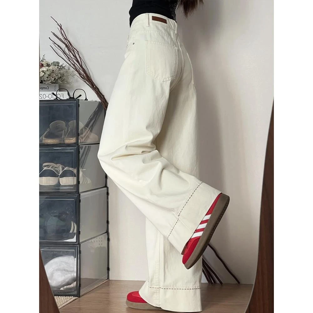 白色牛仔裤女胖mm梨型身材裤子秋冬显瘦2025新款宽松bf慵懒阔腿裤