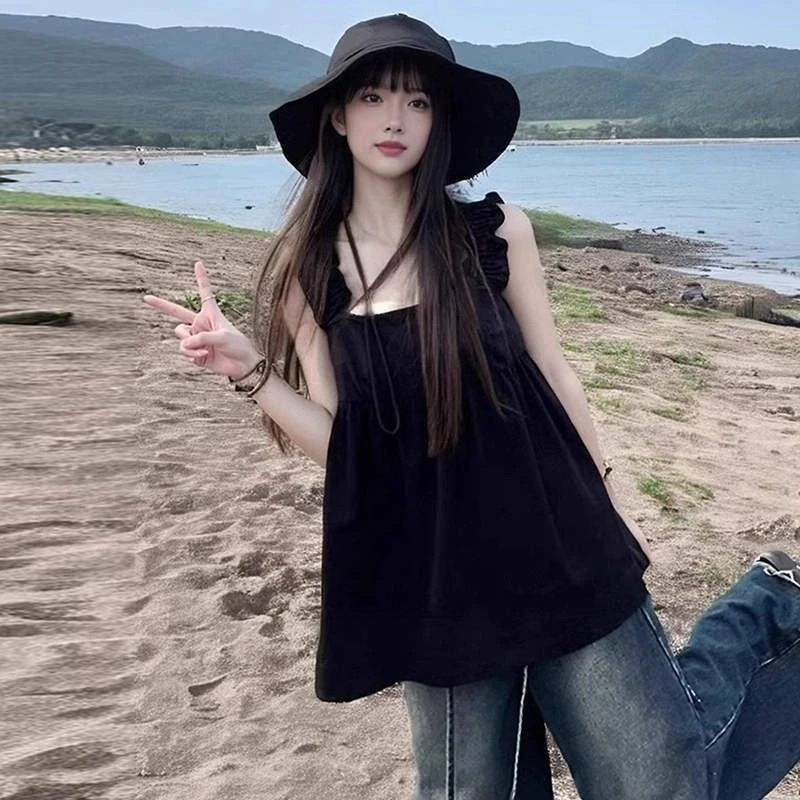 法式甜妹木耳边黑色吊带女夏季外穿娃娃小衫洋气宽松无袖上衣显瘦