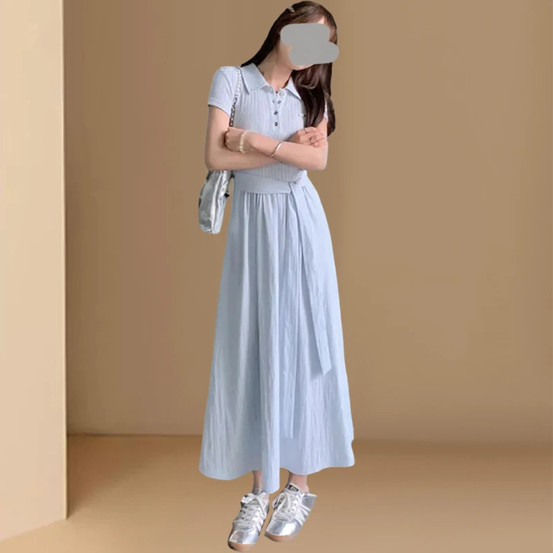 简约时尚短袖连衣裙夏季新款高级感气质翻领收腰显瘦拼接T恤长裙