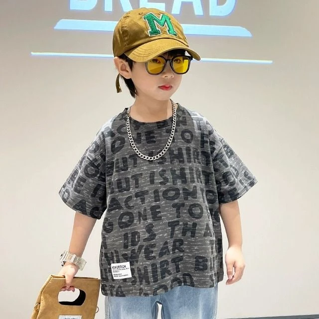 夏季男童纯棉短袖新款休闲印花字母短袖宽松圆领T恤上衣潮宝宝