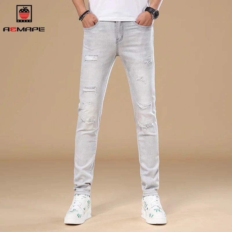 AEMAPE破洞潮牌牛仔裤男修身小脚高端欧货弹力2025新款乞丐补红红