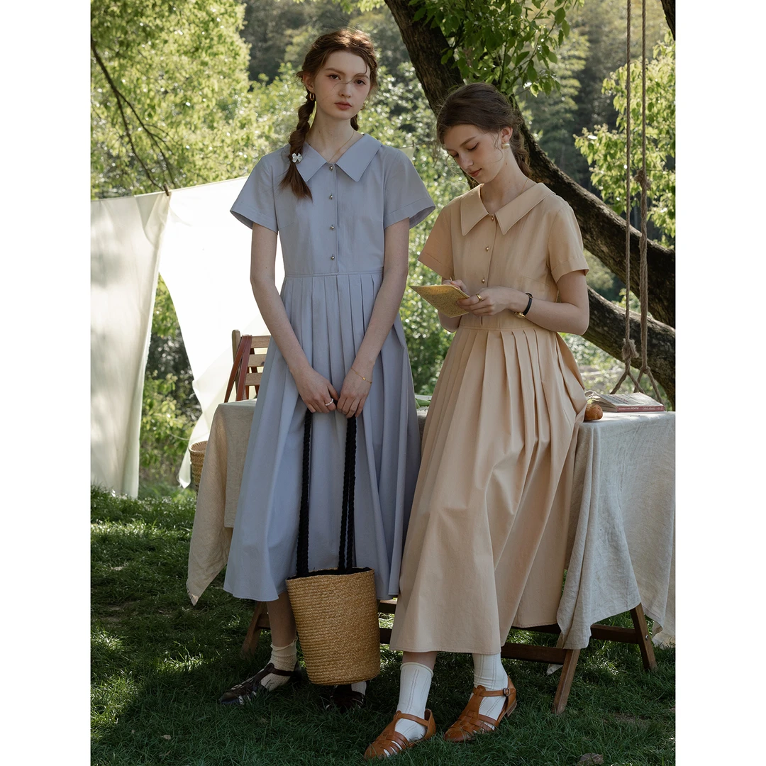 《王雪糕专属》MELLIIY通勤Polo领蓝色百褶衬衫式连衣裙53231745