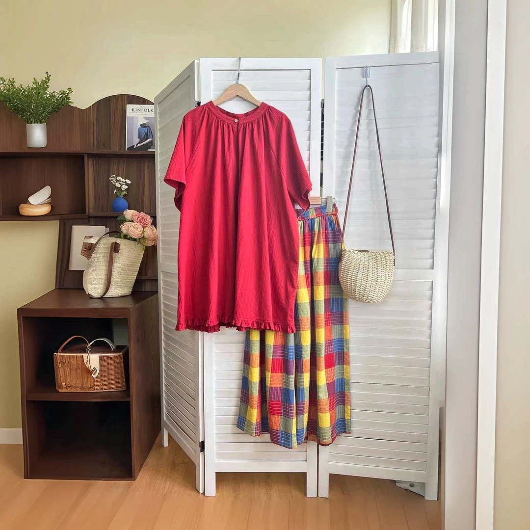 572森系氧气衬衫格子上衣，复古木耳边纯棉衬衫温柔小可爱秘密武器