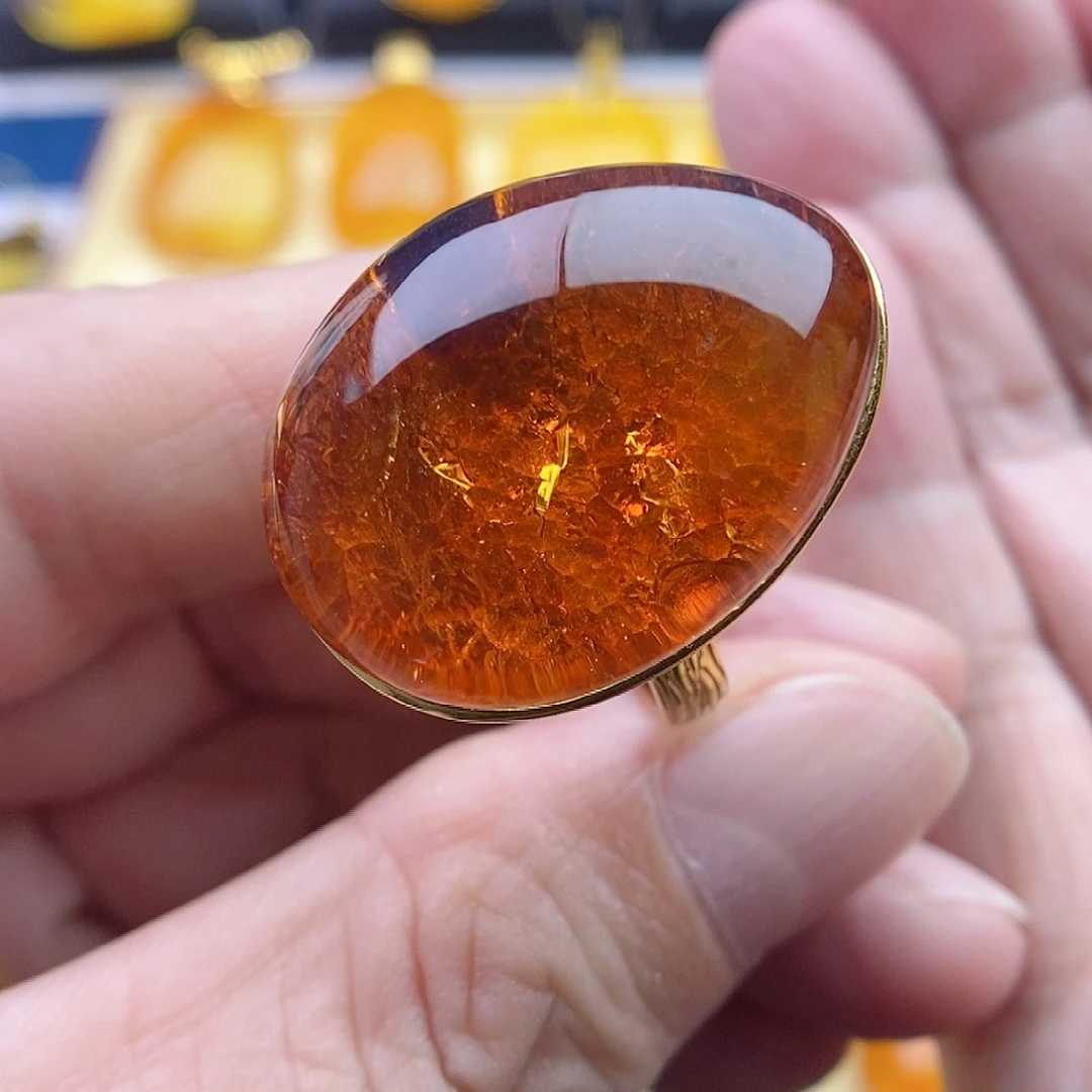 琥珀银S925镀金镶嵌戒指