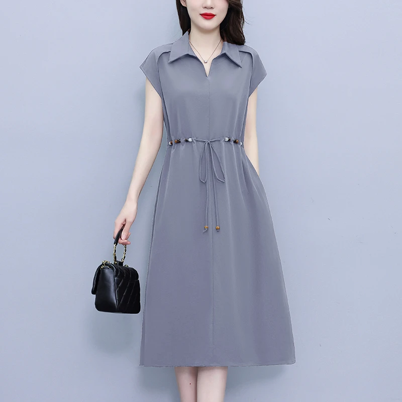 中妈妈夏装衬衣连衣裙洋气短袖端庄大气显瘦轻奢高级胖长裙子