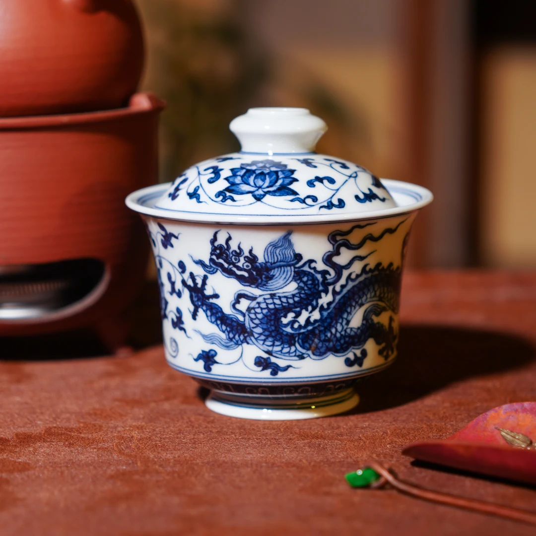 正德御窑亦然堂缠枝龙圆底马蹄盖碗纯手工陶瓷喝茶饮茶景德镇中式