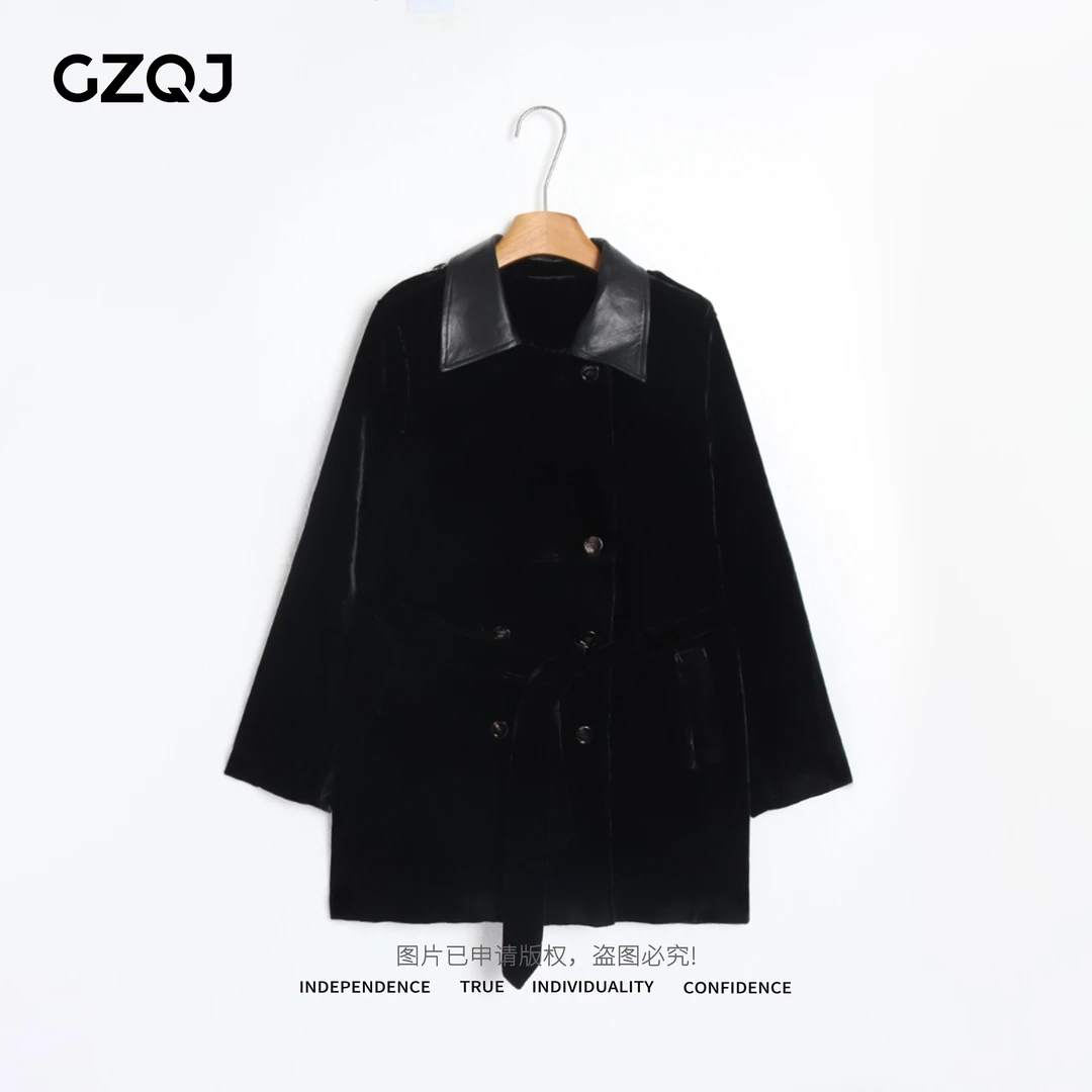 老琴私服【一件封神】欧若风羊皮领拼接真丝丝绒外套女秋季新款4179