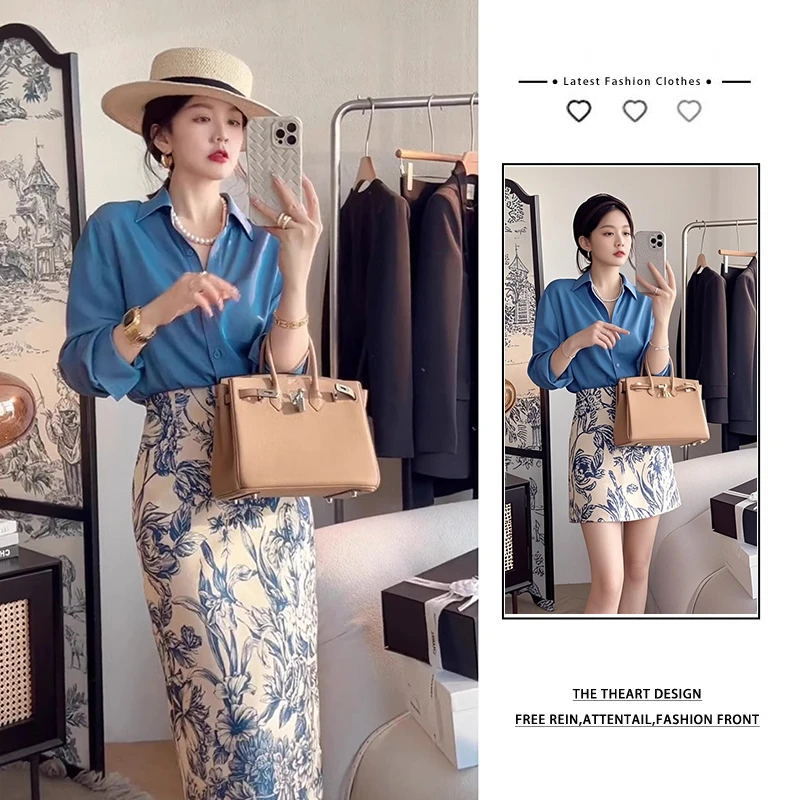 2025秋季新款气质高级感职业休闲蓝色衬衫小香风半身裙两件套装女